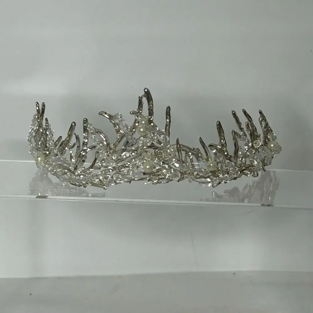 Silver Woodland Fairy Tiara Crystal Beaded Pearl Branch Crown Fantasy Costume